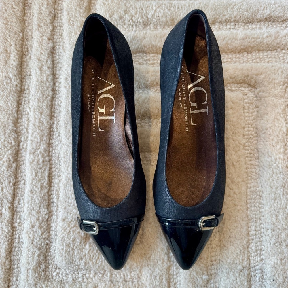 AGL Attilo Giusti Leombruni Women's Black Nubuck/Patent Pumps size 8-8.5
